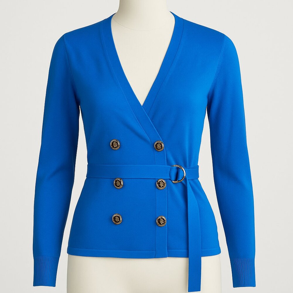 Karen Millen Royal Blue Knit Wrap Cardigan Sweater Belted Gold Button 3 Small